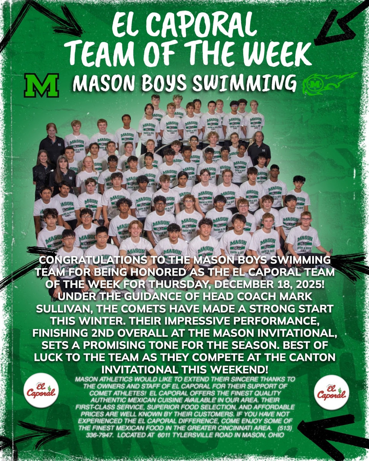 The Boys Swimming Team has been honored as this week’s El Caporal Team of the Week!